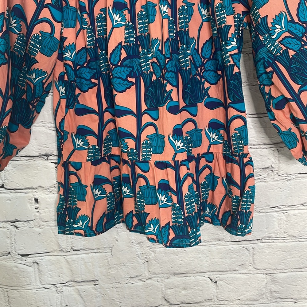 Anthropologie Blue Tassel Pink Blue Peplum Puff Sleeve Blouse Size Medium - Picture 3 of 13